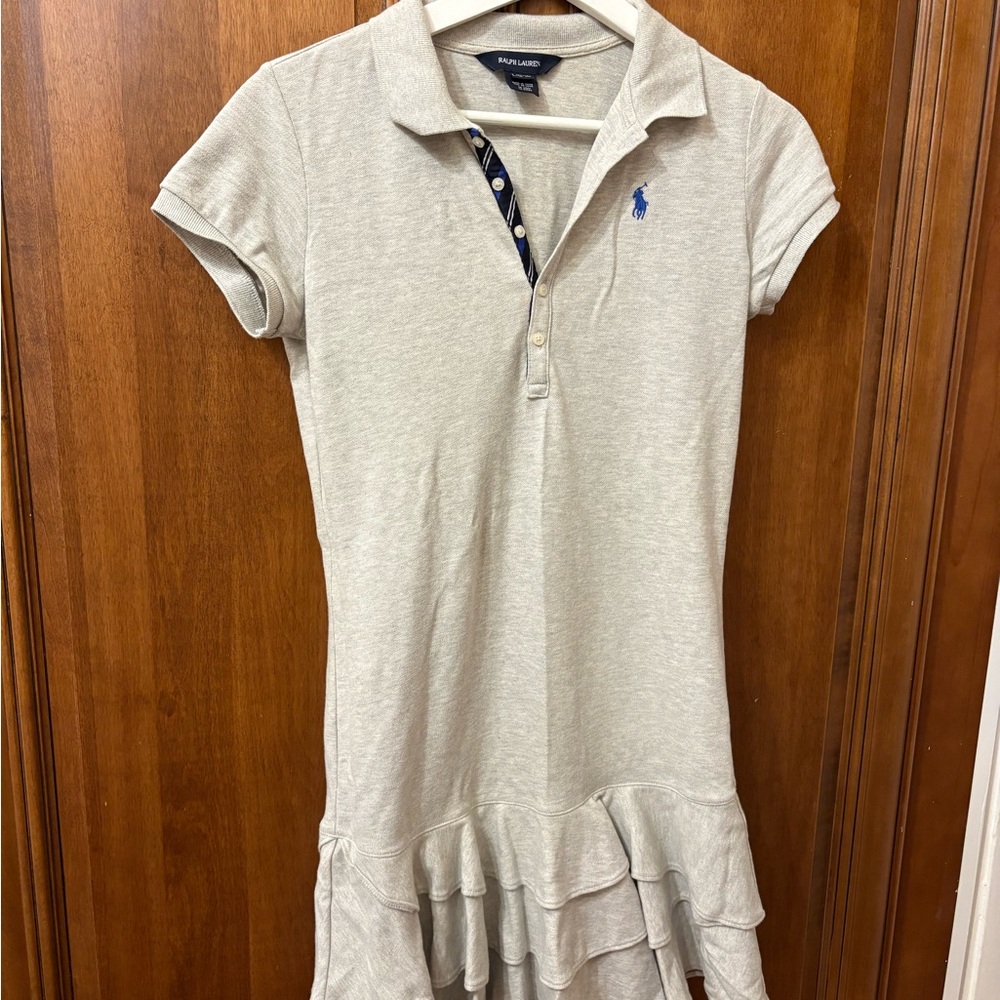Girls Gray Polo Dress with Ruffle Hem